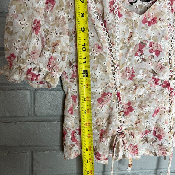 Lulumari Floral Eyelet Corset Style Puff Sleeve Chiffon Semi Sheer Blouse Med - Picture 12 of 12